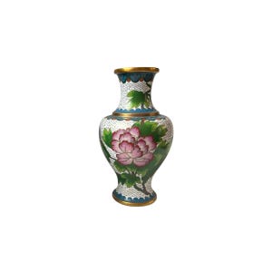 Vintage kleine oosterse cloisonné geëmailleerd messing lentebloesem zwart-witte vazen bloemen pioen vlinder vogel gedecoreerd