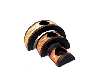 3 x vintage brun orange bois sculpté à la main floral en bois demi-cercle tealight bougeoir nid ensemble boho décoration d’intérieur