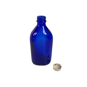 Vintage Cobalt Blue Glass Rectangular Shape Milk Medicine Bottle with Lid Vase Unique Display Rustic Farmhouse Decor