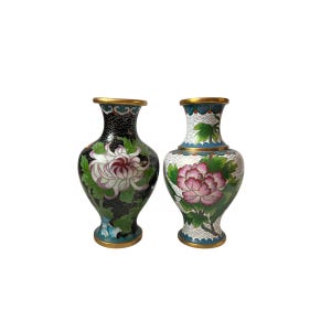 Vintage kleine oosterse cloisonné geëmailleerd messing lentebloesem zwart-witte vazen bloemen pioen vlinder vogel gedecoreerd