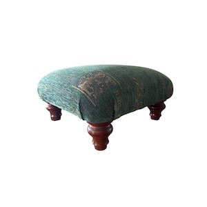 Vintage Green Tapestry Brown Wooden Feet Handmade Small Ottoman Square Foot Stool Queen Anne Style Retro Furniture Farmhouse Chic Decor