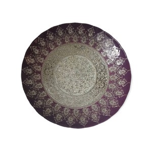 Vintage Art Deco Style Oriental Pressed Glass Artistic Accents Large Platter Fruit Bowl Purple Silver Foliage Scalloped Rim Patterned Decor