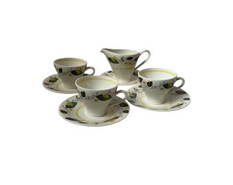 Vintage Edinburgh Jasmine Green Leaves Yellow Flowers Pattern Coffee Set Cup Saucer Creamer Burgess Leigh Ltd Burslem Burleigh Ware England