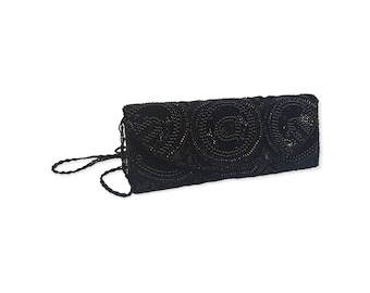Sac De Soirée Vintage Noir Satin Avec Broderies Perles Et Paillettes - Marque Knot, Occasion
