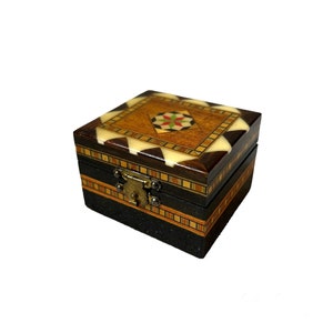 Vintage Small Wooden Decorative Marquetry Khatam Mosaic Oriental Handmade Beech Wood Inlaid Pin Jewellery Ring Box Gift Idea