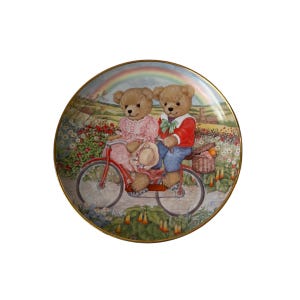 Vintage The Franklin Mint Heirloom Fine Porcelain Plate Teddies Tandem Cycling Rainbow Patricia Brooks Limited Edition Decorative Plate