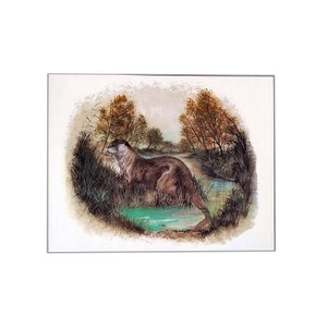 May include: Watercolour painting of a river otter in a natural habitat. The otter is brown with a lighter belly, standing near a teal-coloured pool of water. The background features trees with orange and brown leaves.