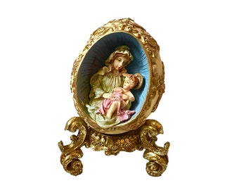 Vintage Bethlehem's Treasure House of Lloyd 1998 Christmas around the World Resin Ceramic Easter Egg Mother Mary and Child Jesus on Stand