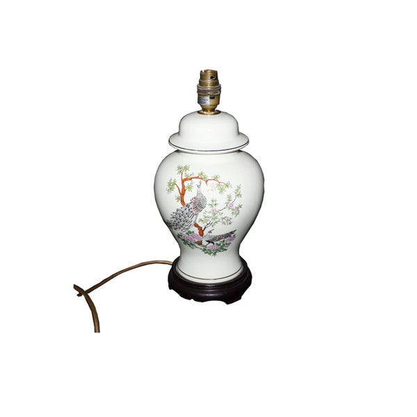 Lampe de Table en forme de pot de gingembre Oriental vintage, en céramique Beige Bhs, Base en bois, paon, lampe électrique de chevet, décoration de maison de ferme