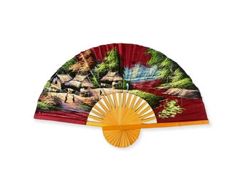 Vintage X-Large Hand Fan Fabric and Bamboo Wall Decoration Red Green Paint on Fabric Wooden Bamboo Base Asian Wall Decor