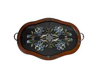 Vintage Brown Wooden Framed Black Petit Point Blue Flowers Embroidered Filigree Glass Glazed Filigree Brass Handles Dressing Table Oval Tray