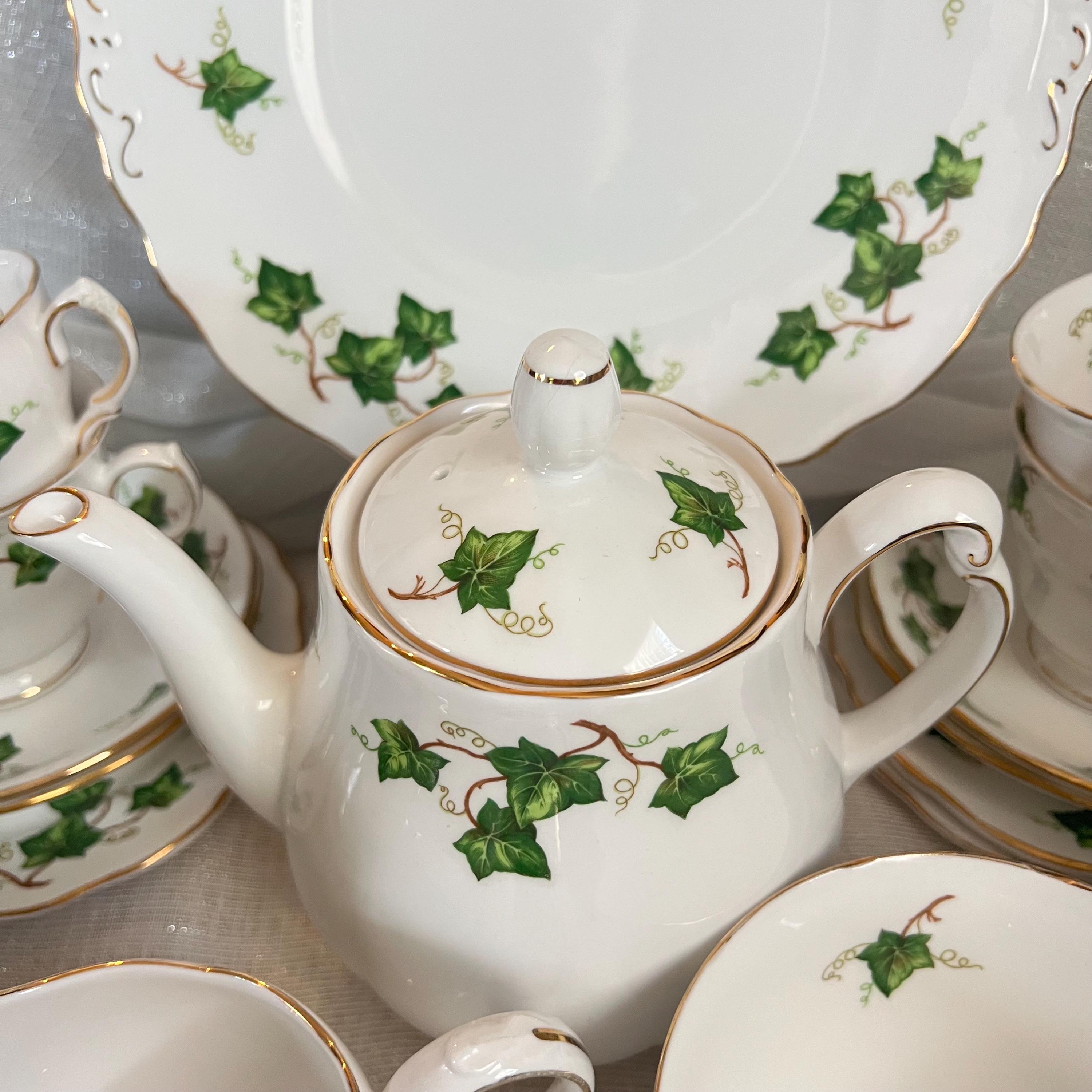Vintage Colclough Ivy Vine Tea Set White English Bone China Green