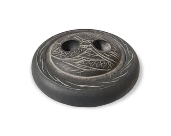 Vintage Small Black Grey Stone Made Art Hand Carved Lidded Ring Trinket Box Paperweight Coaster Candle Holder Vanity Table Decor Gift Idea