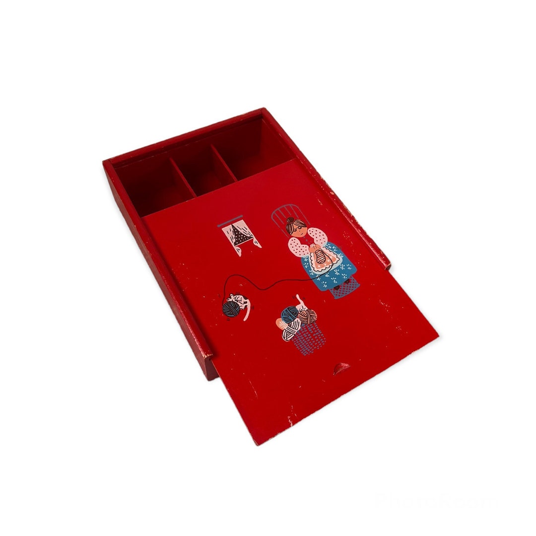 Vintage Small Red Wooden Sliding Box Sewing Knitting Box Etsy
