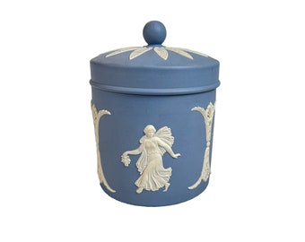 Vintage Blue White Wedgwood Jasperware Ornamental Lidded  Pot Candy Tea Caddy Tobacco jar Dancing Hours Flower Girls Tableware Kitchen Decor