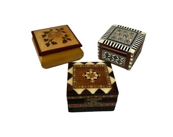 Vintage Small Wooden Decorative Marquetry Khatam Italian Mosaic Oriental Handmade Beech Wood Inlaid Pin Jewellery Trinket Ring Box Gift Idea