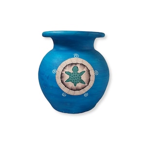 Vintage Dominicana Republic Pottery Handmade Painted in Turquoise Blue Terracotta Clay Vase Turtle Decorated Coastal Farmhouse  Home Decor