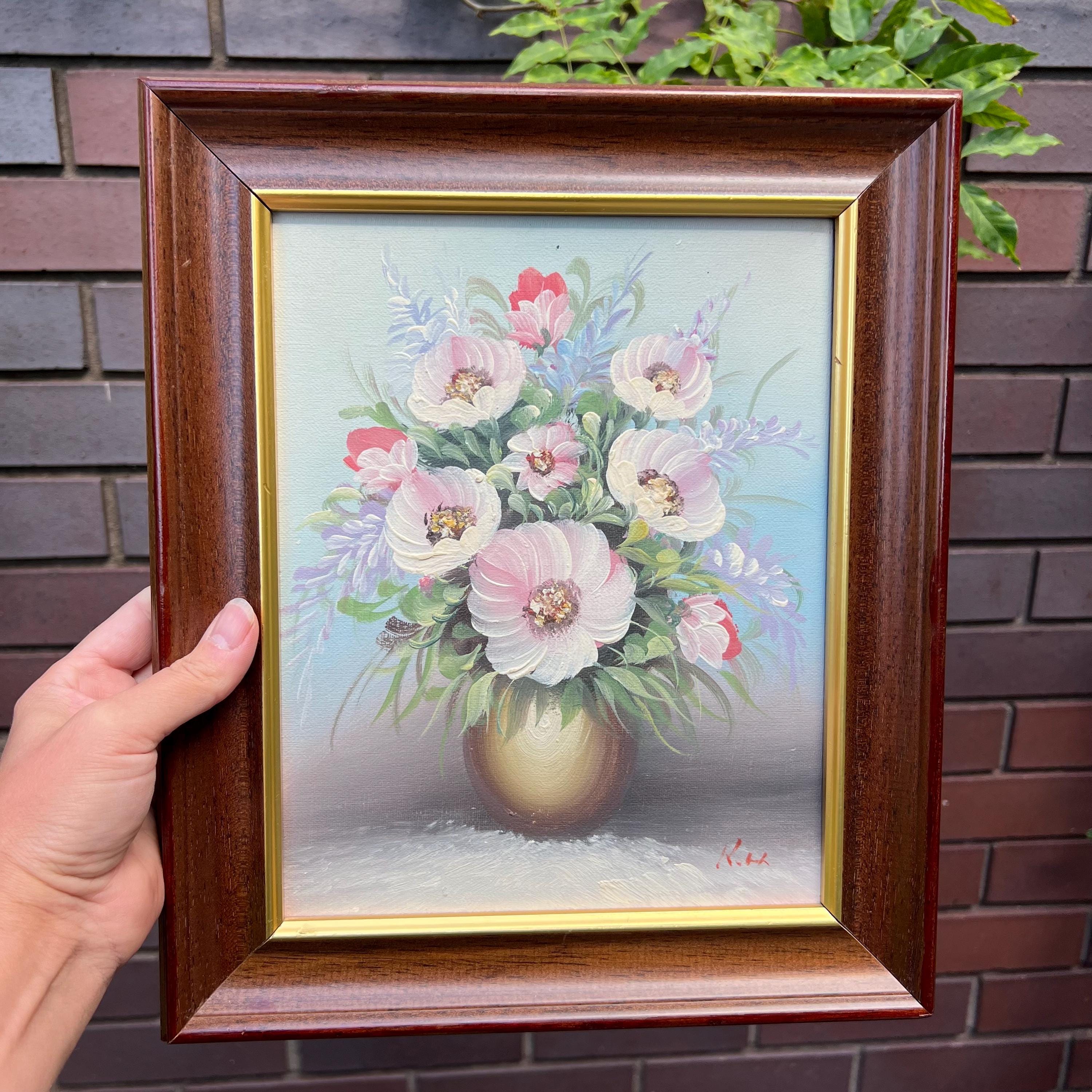 Vintage Floral Oil Painting: Signed K.H., Golden Vase, Framed Art