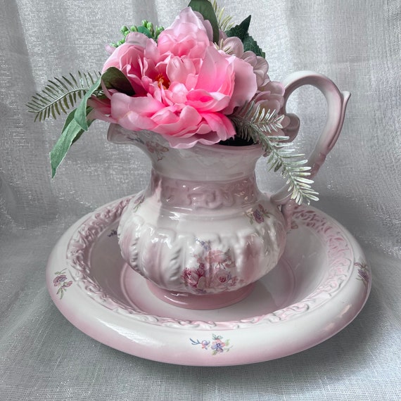 Vintage R.B. Bernarda Portugal Water Jug & Bowl Set Pink White