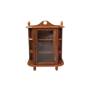 Vintage Small Cabinet Cupboard With Glass Door Brown Wood Wooden Curio Display Case Mid-century Decor