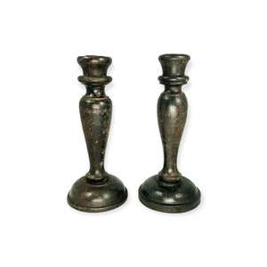 2 x Antique Brown Wooden Solid Carved Wood And Brass Inserts Pillar Candle Holders Candlestick Holders  Boho Home Decor