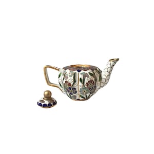 Vintage Oriental Cloisonne Enamel Brass Spring Blossom White Miniature Teapot DollHouse Shelf Decor