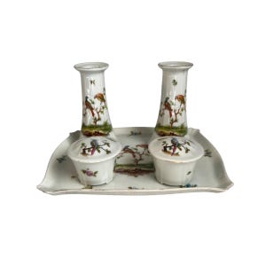 Antique Evropean Porcelain Union K Czechoslovakia Birds Dresser Vanity Set 1920s Candle Holders Tray Trinket Boxes