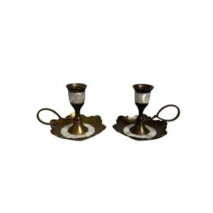 Vintage Pair of Golden White Brass & Mother of Pearl Shell Inlays Small Chambers Candle Stick Holders Candleholders Set Boho Home Decor