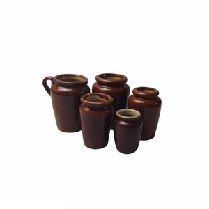5 Vintage Antique Brown Salt Glazed Stoneware Jug Pitcher Creamer Bottles Vases Pots Farmhouse Country House Rustic Home Office Shelf Decor