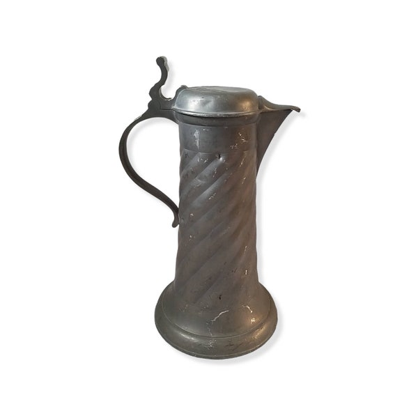 Antique Pewter Lidded Pitcher Jug August Weygang Jr 1859-1946 Old Drinking Flagon Open Lid Twisted Steain Decanter Bar Restaurant Decor