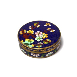 Vintage Oriental Cloisonne Enamel Brass Spring Blossom Blue Gold Small Jewelry Trinket Ring Box Engagement Gift Idea Vanity Table Decor