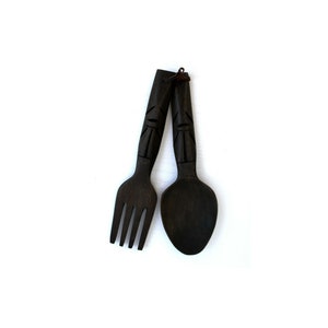 Vintage Salad Server Set Wooden Fork Spoon Kitchen Serving Utensils Spatula wooden hand carved decorative spoon & fork, large salad serving