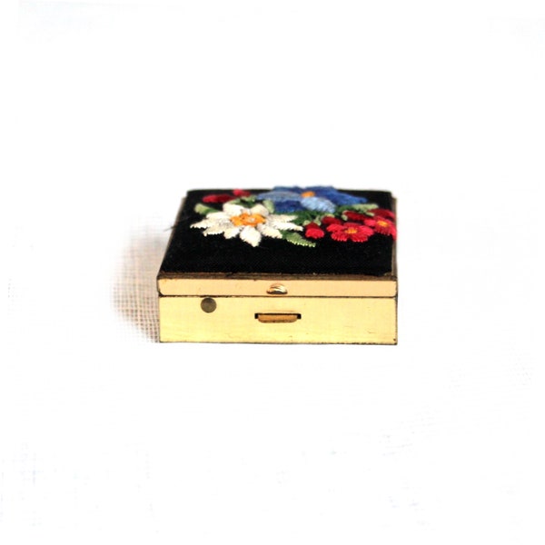 Vintage Retro Bircraft Huntington Indiana Lucite Pill Box Gold Tone Square Black Petti-pat Floral Trinket Contact Lenses Case Gift Idea