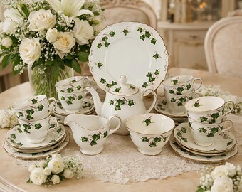 Vintage Colclough Ivy Vine Tea Set White English Bone China Green