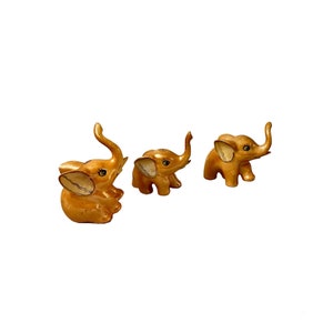 Vintage Art Deco Yellow Gold Luster Porcelain Trunks Up Baby Elephants Small Cute Statues Lucky Figures Figurines Flowers Painted Ornaments