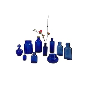 Antique Vintage Victorian Cobalt Blue Glass Different Shapes Perfume Medicine Poison Milk Bottles Vase Unique Display Rustic Farmhouse Decor