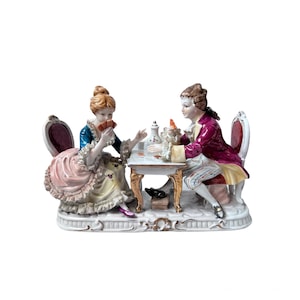 Vintage Lace Porcelain Large Figurine Louis XV Amorous Couple Man Woman Playing Cards Statue KPM Porzellan Dresden Meissen Style Replica