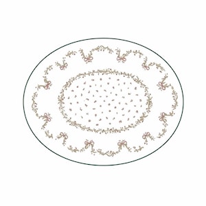 May include: Oval-shaped, white tablecloth with a delicate floral and ribbon design. The border features a green trim, and the interior is adorned with small pink flowers and decorative bows. A charming addition to any dining setting.