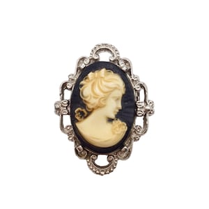 Vintage Cameo Black and White Ivory Victorian Lady Women Girl Portrait Plastic Oval Brooch Pin on Silver Metal Base