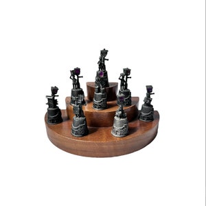 Vintage Stevelyn English Pewter Cries Of London Lamp Stands Collection Set Decorative Sewing Thimbles on Wooden Stand Display Shelf Decor