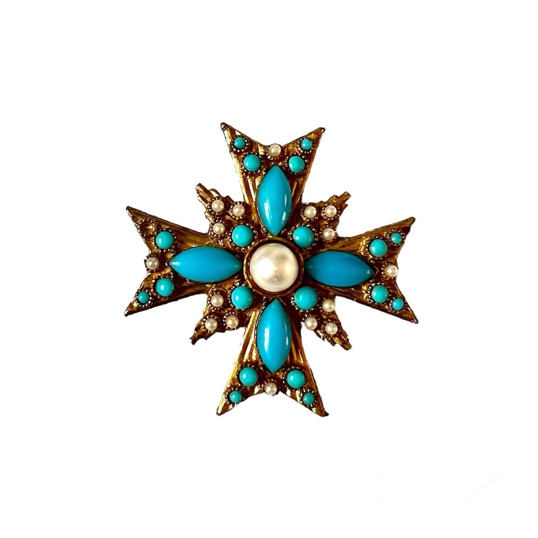Vintage Golden Brass Maltese Cross Brooch Pin Pendant Blue Faux