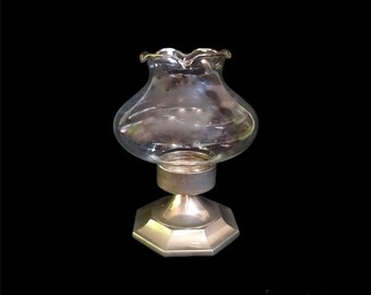 Vintage Silver Metal Lantern Chamber Candle Stick Holder & Glass Shade Farmhouse Decor Lamp Lighting Farmhouse Rustic Home Table Decor