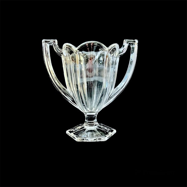Vintage George Davidson & Co Pressed Art Deco Chippendale Pressed Clear Glass Trophy Celery Handled Scalloped Edge Posy Footed Vase 1930
