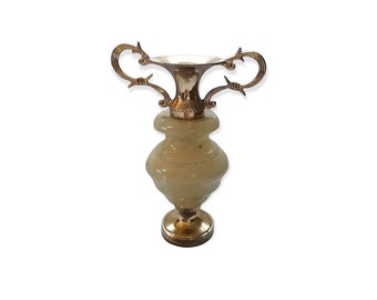 Vintage Onyx & Brass Yellow Stone Decorative Ornate Pose Vase Two Handles Urn Candle Holder Boho Chic Home Office Desk Shelf Decor Gift Idea