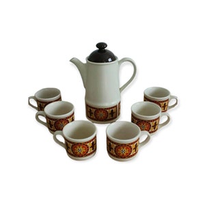 Vintage &#39;70 Sadler England Steingut Teekanne und 6 Tassen Teeset Border Mission Weiß Orange Mid-Century Geschirr England Retro Küchendekor