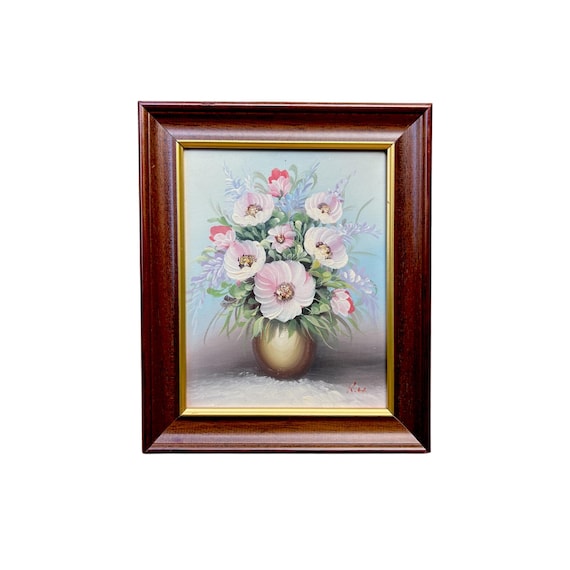 H. Machimoto 油彩画 花瓶の花 QW4452 Vintage Floral Oil Painting: Signed K.H., Golden Vase, Framed Art