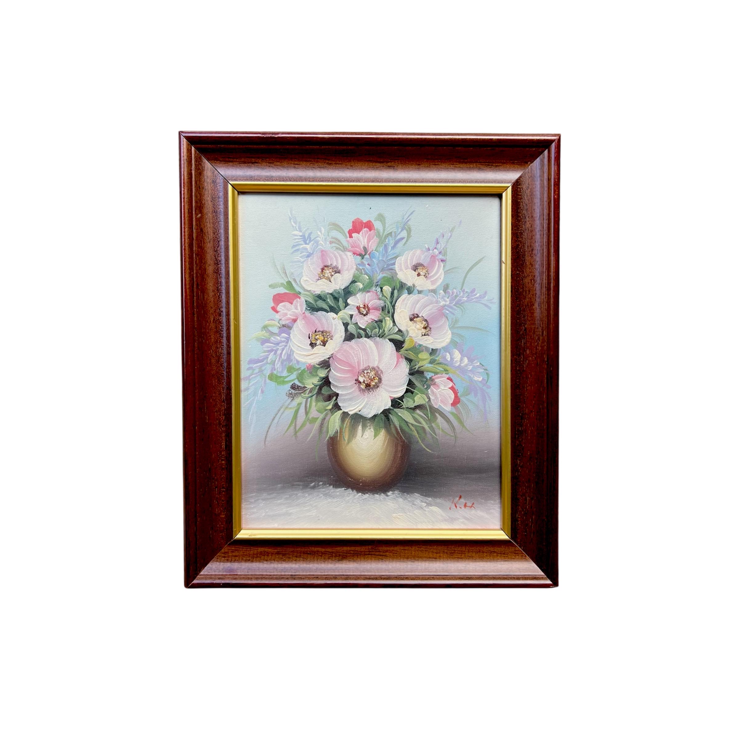Vintage Floral Oil Painting: Signed K.H., Golden Vase, Framed Art