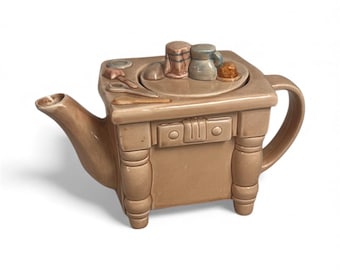 Vintage nieuwigheid theepot aanrecht ontwerp lichtbruin beige perzik kleur twee kopjes theepot tafel aardewerk aardewerk keramisch ornament
