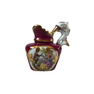 Vintage Limoges France Porcelain Courting Couple Ruby Burgundy Red Golden Miniature Decorative Jug Pitcher Ewer Mini Vase Koi Fish Handle
