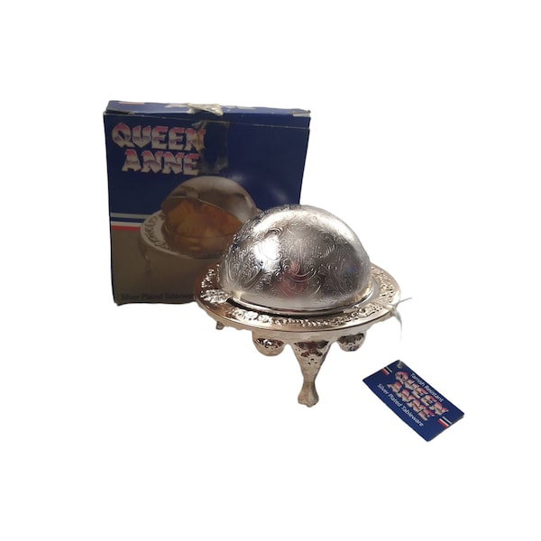 Vintage Silver Plated Caviar Butter Dish Roll Top Globe Round Footed Queen Anne England Mayell EP on Steel Tableware New in Original Box